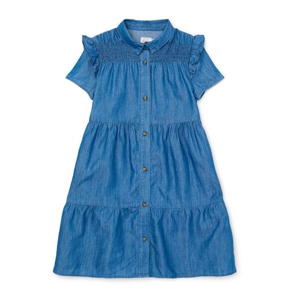Girls Denim Ruffle Shirt Dress with Short Sleeves, Size XL - Picture 1 of 6